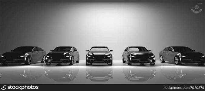 Fleet of black cars on light background. Brandless sedan vehicle, transportation. 3D illustration.. Fleet of black cars on light background.