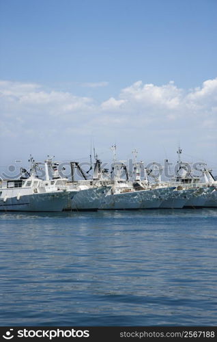 Fleet of boats moored together.