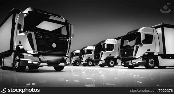 Fleet of modern trucks. Shipment, business transportation. Brandless design. 3D illustration.. Fleet of modern trucks