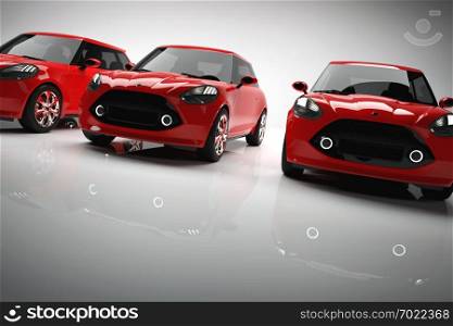 Fleet of red small city cars on light background. Brandless vehicle, transportation. 3D illustration.. Fleet of red small city cars on light background.