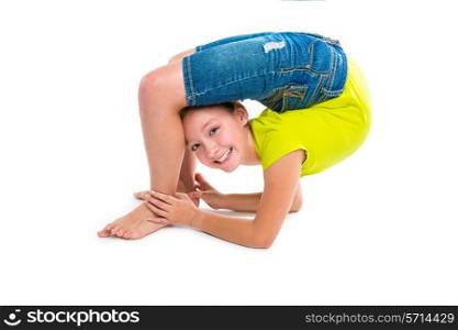 Flexible contortionist kid girl playing happy on white background