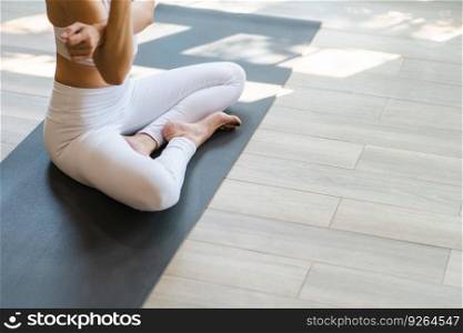 Flexible sport asian woman warming up Fitness woman doing stretch exercise stretching exercising Fitness healthy relaxation Home workout concept