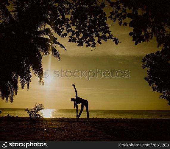 Flexible woman training on a tropical beach