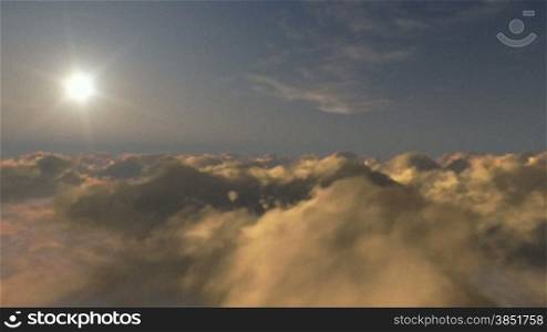 Flight above time lapse clouds at sunset