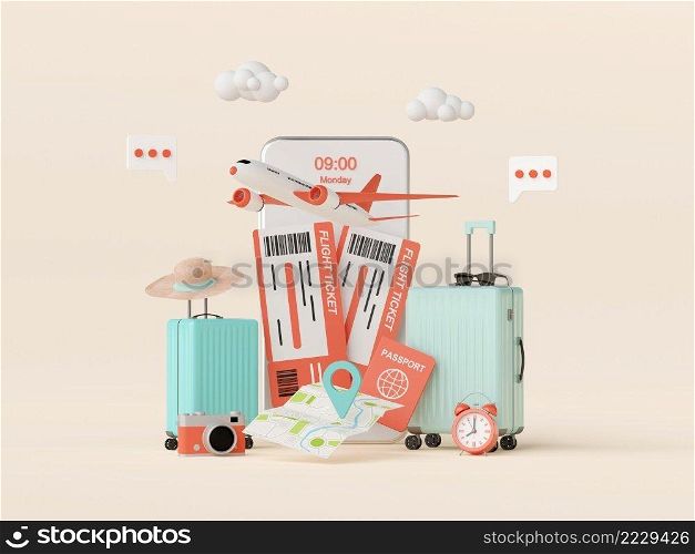 Flight booking, buy ticket or checkin application on smartphone, 3d illustration