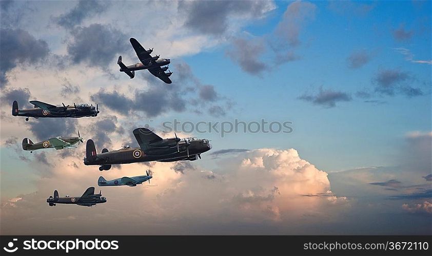 Flight formation of Battle of Britain World War Two consisting of Lancaster bomber, Spitfire and hurricane airplanes
