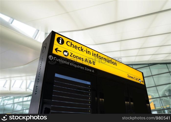 Flight information, arrival, departure at the airport, London, England