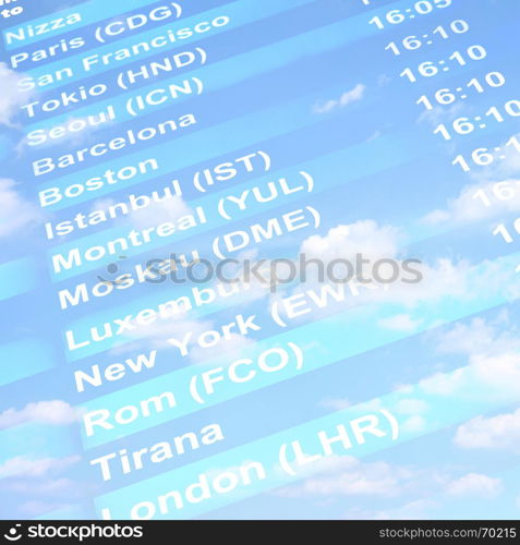 Flight information board against blue sky with clouds