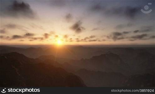 Flight over Mountains Peaks, Sunset Time Lapse