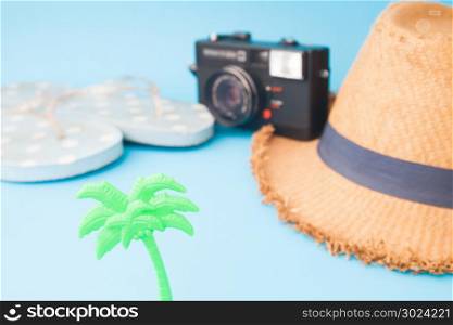 Flip flops, cameara and straw hat on blue color background, Selective focus on palm tree