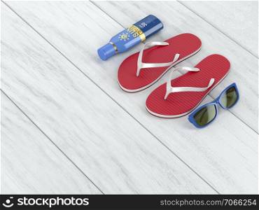 Flip-flops, sunscreen lotion and sunglasses on wood floor