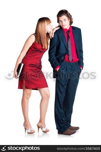 Flirtation between man and woman in red dress with notebook on white background