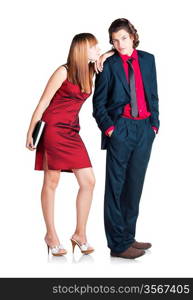 Flirtation between man and woman in red dress with notebook on white background