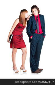 Flirtation between man and woman in red dress with notebook on white background