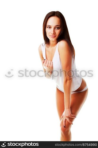 Flirting brunette model on white background