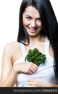 flirting woman with parsley in top on white background