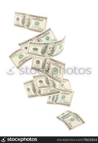 Floating American hundred notes isolated on white background