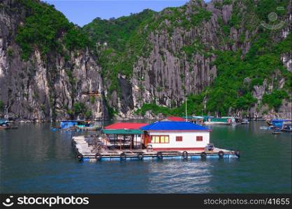 Floating fishing village and rock islands in Halong Bay, Vietnam, Southeast Asia. UNESCO World Heritage Site. Mountain landscape at Ha Long Bay. Most popular landmark, tourist destination of Vietnam.. Floating village, rock island, Halong Bay, Vietnam