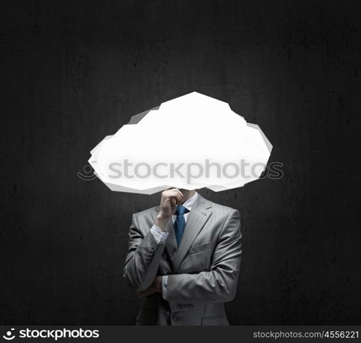 Floating in sky. Businessman standing with his head in cloud