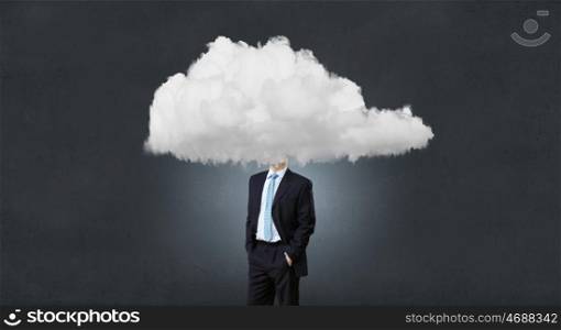 Floating in sky. Businessman standing with his head in cloud