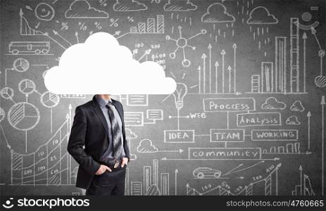 Floating in sky. Businessman standing with his head in cloud