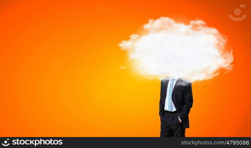 Floating in sky. Businessman standing with his head in cloud