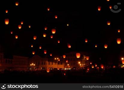 Floating lantern flashmob in small european town