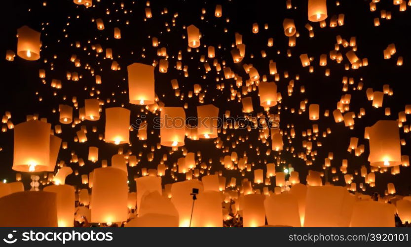 Floating lanterns ceremony or Yeepeng ceremony, traditional Lanna Buddhist ceremony in Chiang Mai, Thailand