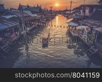 Floating market Amphawa evening at Samut Songkhram (Vintage filter effect used)