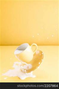 floating yellow cup with spilling milk