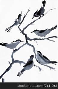 flock of birds on tree branch hand drawn in sumi-e style on textured white paper with black watercolor paint