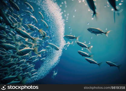 Flock of fish diving bubbles blue background abstract nature. Illustration Generative AI