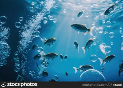 Flock of fish diving bubbles blue background abstract nature. Illustration Generative AI
