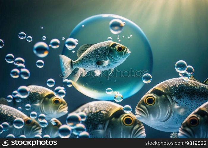 Flock of fish diving bubbles blue background abstract nature. Illustration Generative AI