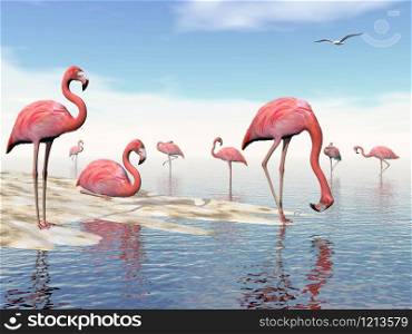 Flock of pink flamingos at the beach by daylight. Flock of pink flamingos - 3D render