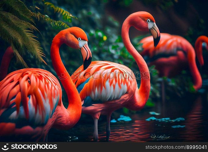  Flock of Pink flamingos.  Generative AI 