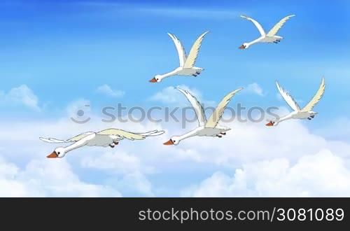 Flock of Swans Flies in the Sky. Handmade animation, motion graphic.
