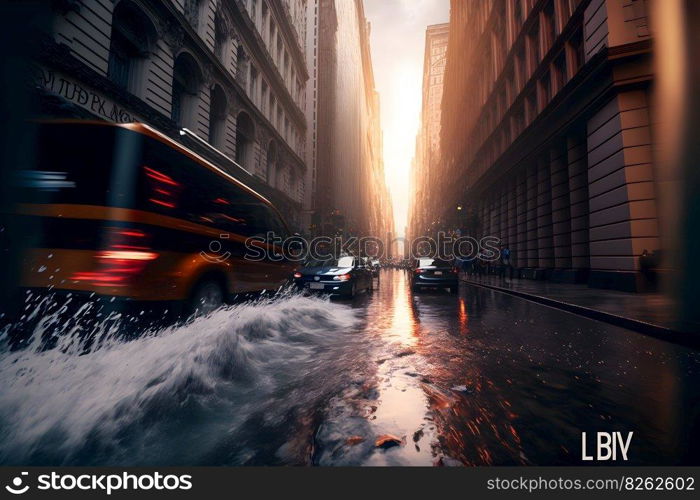 Flood in city center with light sky after heavy rain. Neural network AI generated art. Flood in city center with light sky after heavy rain. Neural network generated art