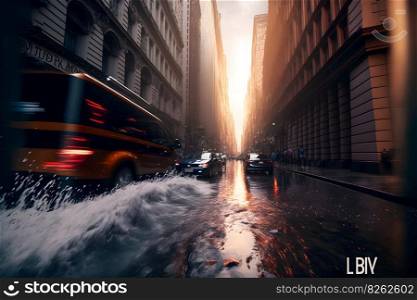 Flood in city center with light sky after heavy rain. Neural network AI generated art. Flood in city center with light sky after heavy rain. Neural network generated art