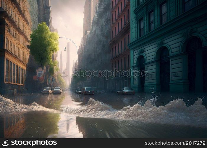Flood in city center with light sky after heavy rain. Neural network AI generated art. Flood in city center with light sky after heavy rain. Neural network generated art