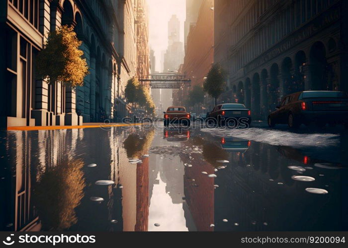 Flood in city center with light sky after heavy rain. Neural network AI generated art. Flood in city center with light sky after heavy rain. Neural network generated art