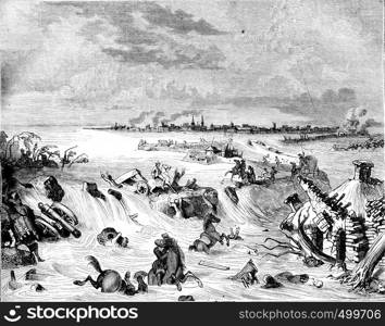 Flood of Coevorden, in 1673, after one of Romeyn de Hooghe burning, vintage engraved illustration. Magasin Pittoresque 1842.