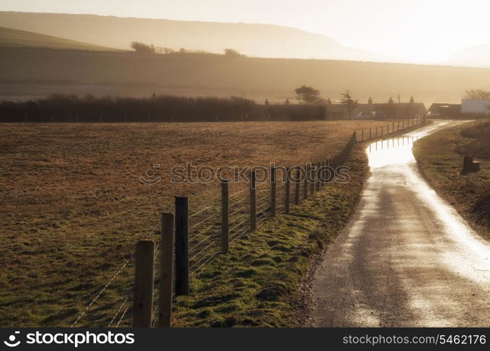 Flooded country lane farm landscape