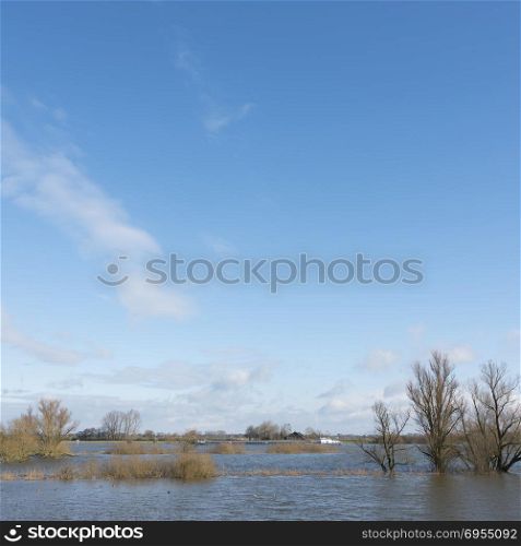 flooded flood plains of river ijssel and ship near Zalk between Kampen and Zwolle in the netherlands