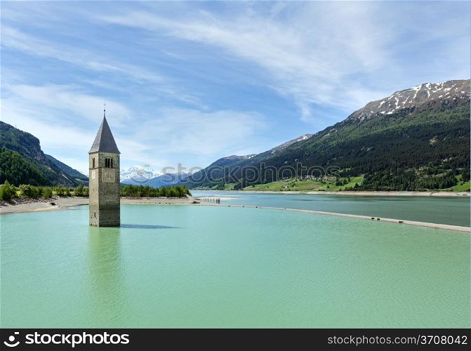 Flooded (in 1950) bell tower in Reschensee (Italy, church building in 14th-century)