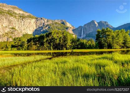 Flooded meadow in Yosemite National Park Valley with Yosemite Falls. California, USA.