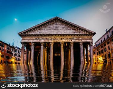 Flooded pantheon in Rome, Italy - digital manipulation climate change concept.. Flooded pantheon in Rome, Italy - digital manipulation climate change concept