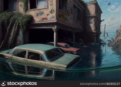 Flooding in the residental area after hurricane storm accident. Neural network AI generated art. Flooding in the residental area after hurricane storm accident. Neural network generated art