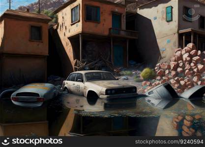 Flooding in the residental area after hurricane storm accident. Neural network AI generated art. Flooding in the residental area after hurricane storm accident. Neural network generated art