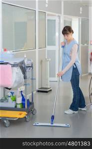 floor care cleaning services with washing mop in clean hospital